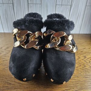 Rouge Helium Black Faux Fur Gold Chain and Studs Clogs Slides size 7 unworn
